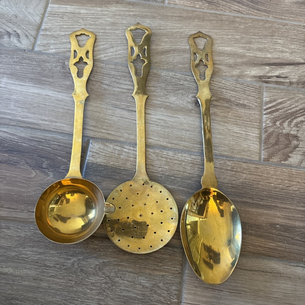 Antique Vintage Set of 3 Ornate Brass Serving Utensils‎